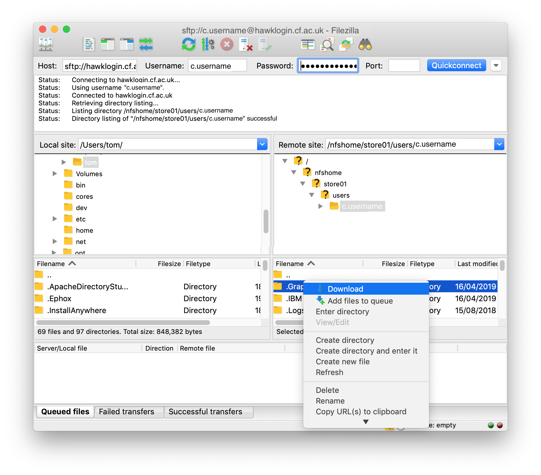 Transferring files using FileZilla