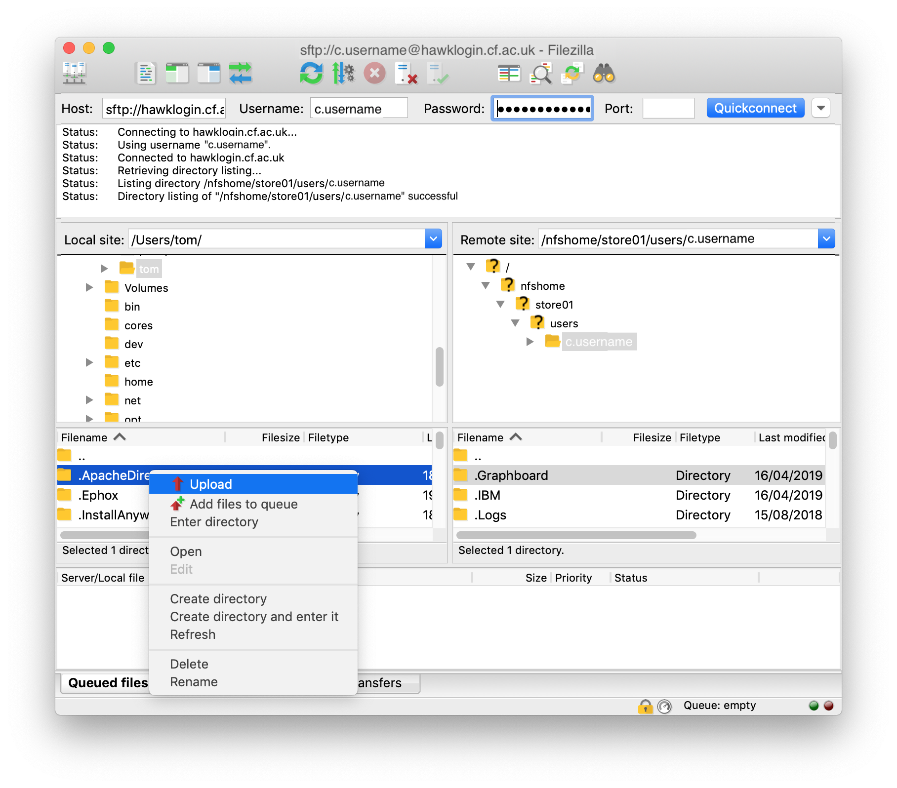 Transferring files using FileZilla